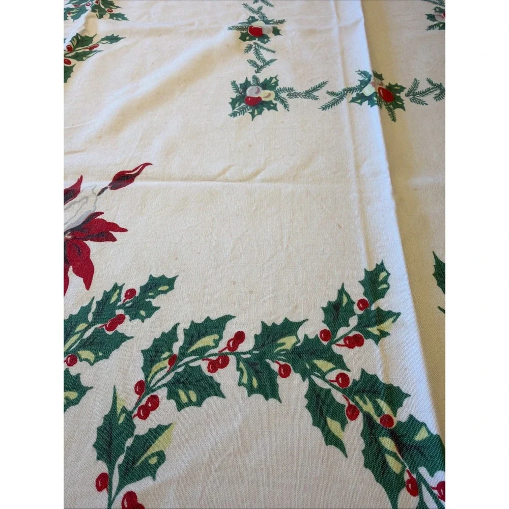 Vtg Mid-Century Modern Christmas Tablecloth Poinsettia Candles Holly 43